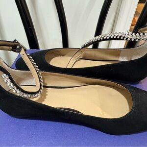 Beautiful Ann Taylor Black Suede Flats with Crystal Strap Size 6